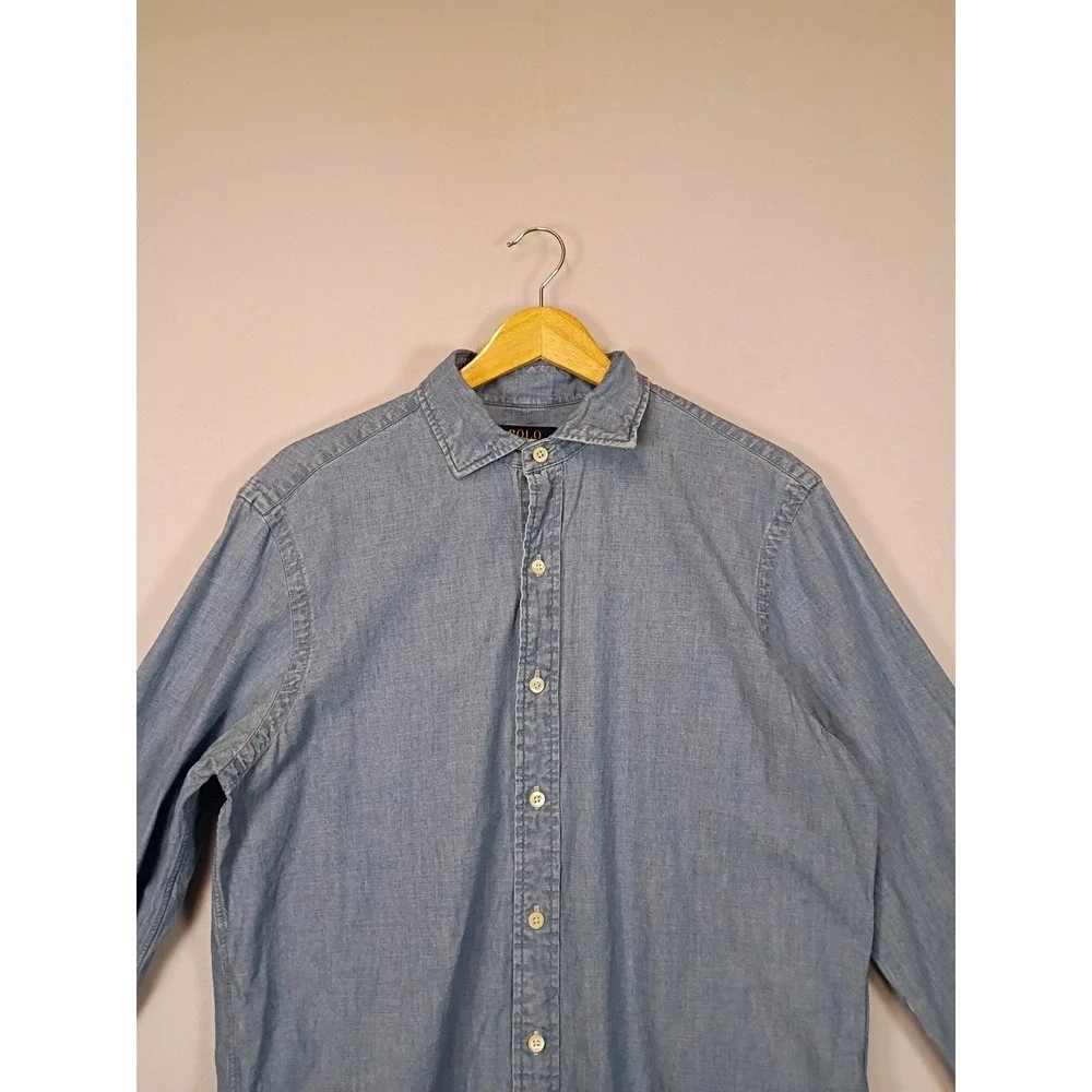 Classic Americana Polo Ralph Lauren Mens Medium Blue Cotton Chambray Button Down